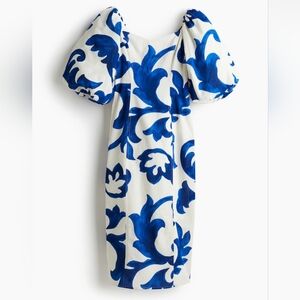 NEW H&M Balloon Sleeve Dress Size M White and Blue Floral Pattern 100% Cotton